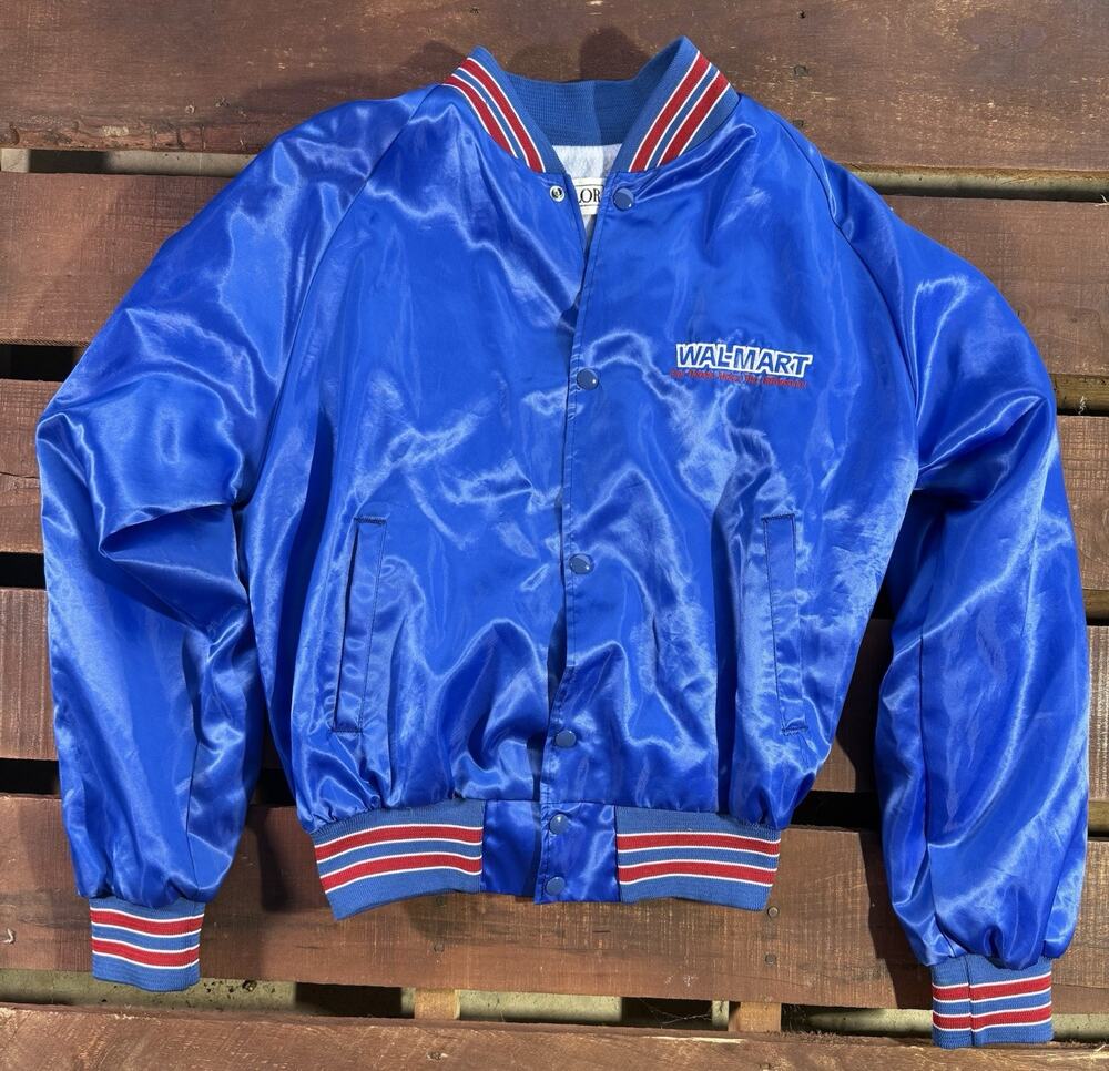 Walmart Blue Satin Bomber Jacket Taylor Mens Size M Greeter Made In USA